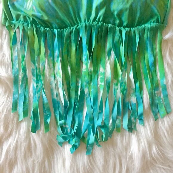 Lucky Brand M Summer Time Tie Dye Fringe Bandeau Bikini Top Swimsuit Green Boho - Picture 6 of 10